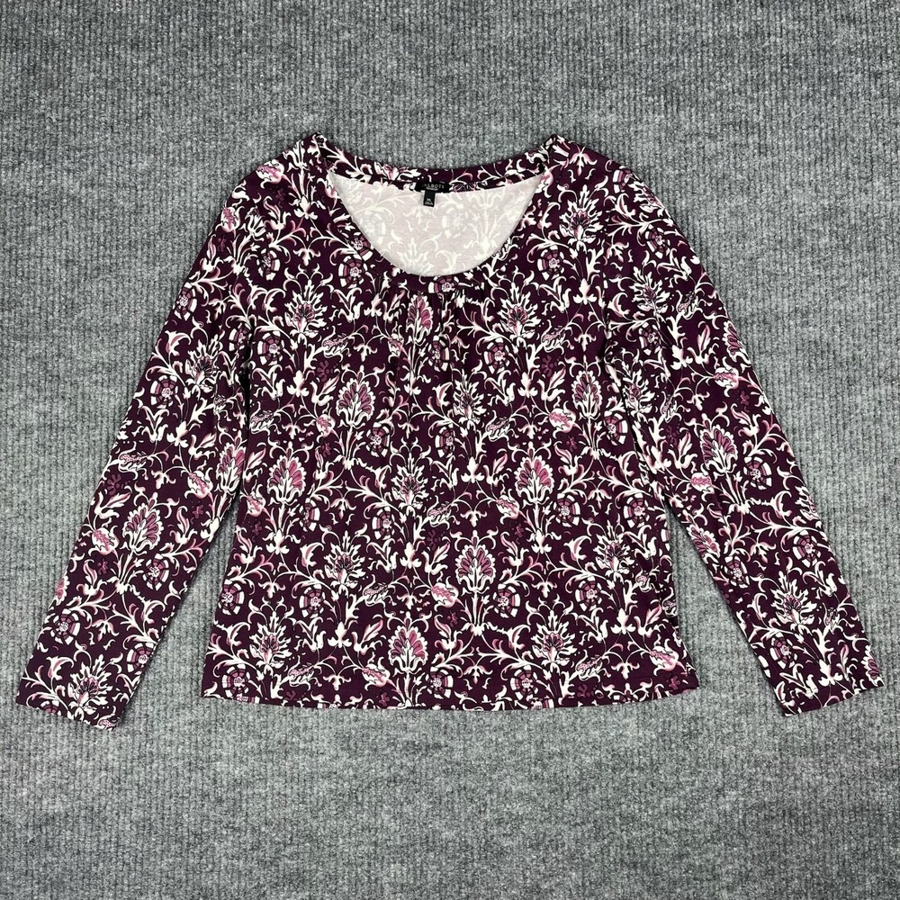 Talbots Top Womens XL Plum Floral Cotton Blend Long Sleeve Knit Preppy
